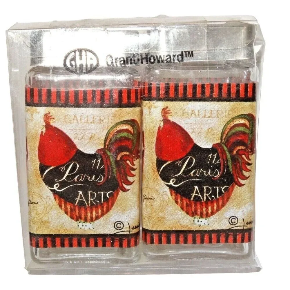 Grant Howard Country French Rooster Salt and Pepper Shakers Glass Metal Lid Gift